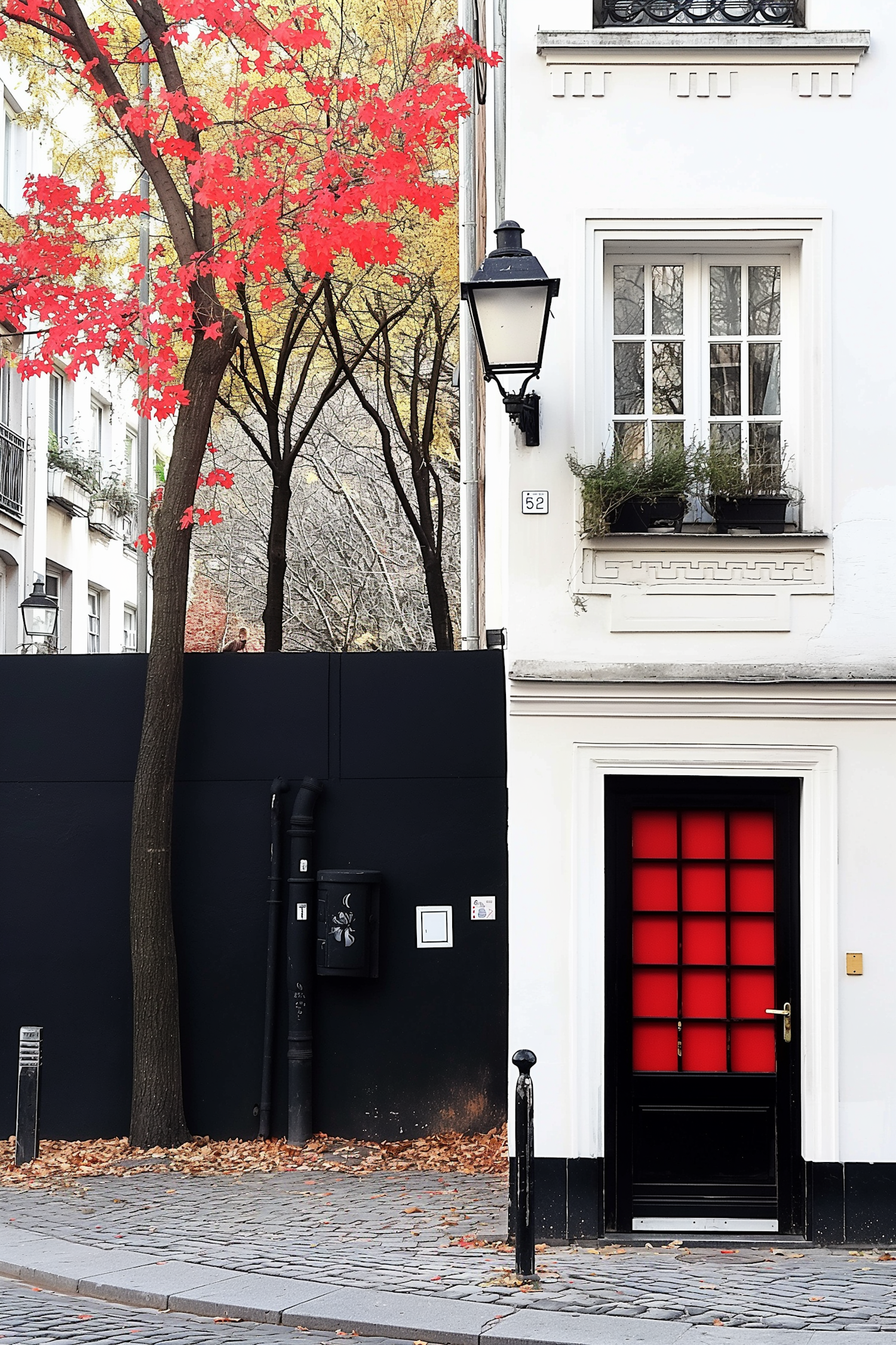 Vibrant Red Door on Classical Building