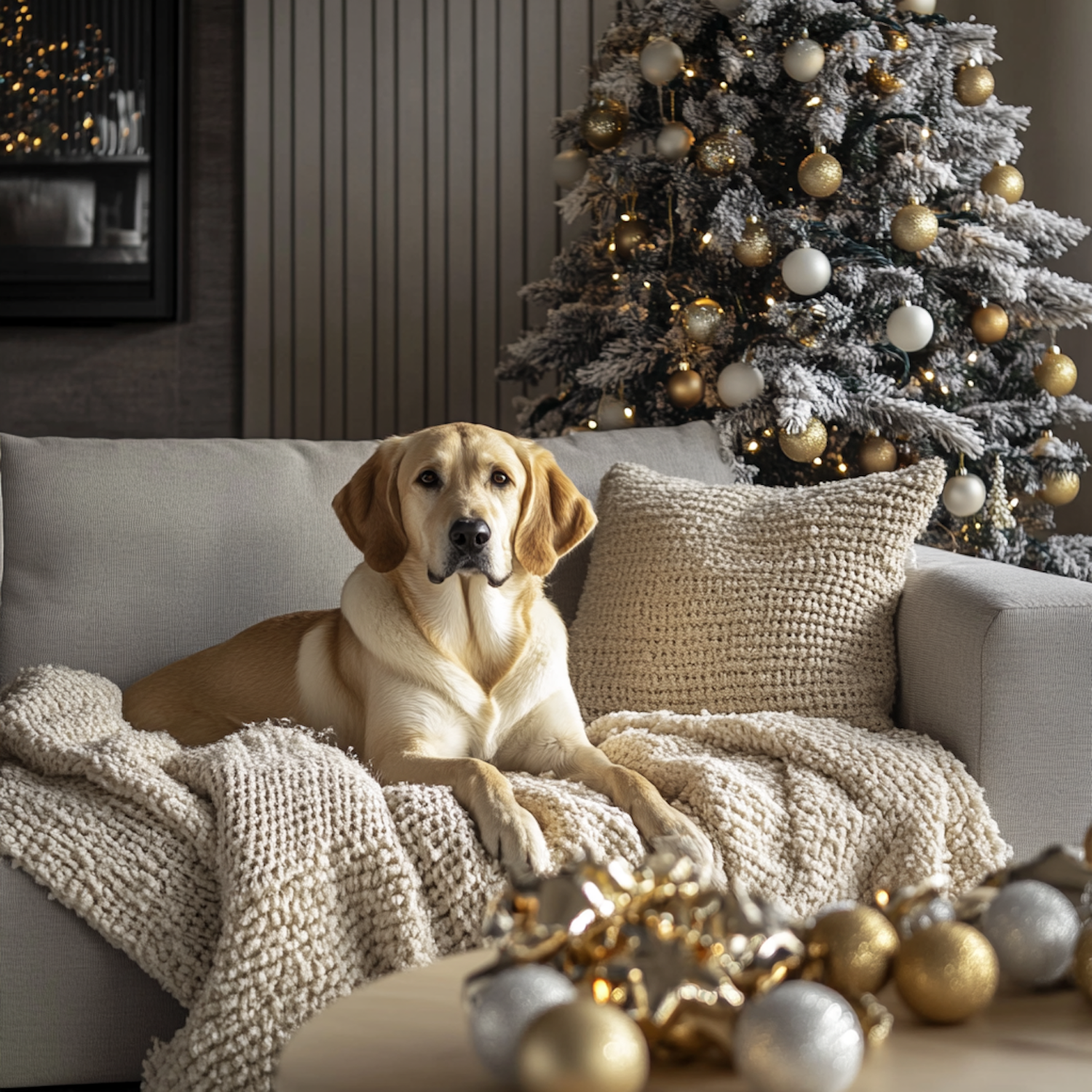 Labrador Retriever on Sofa with Christmas Tree