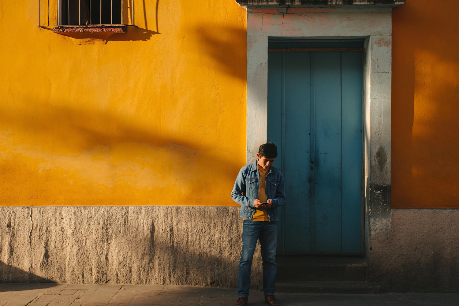 Urban Casual: Man with Smartphone against Yellow and Blue Backdrop