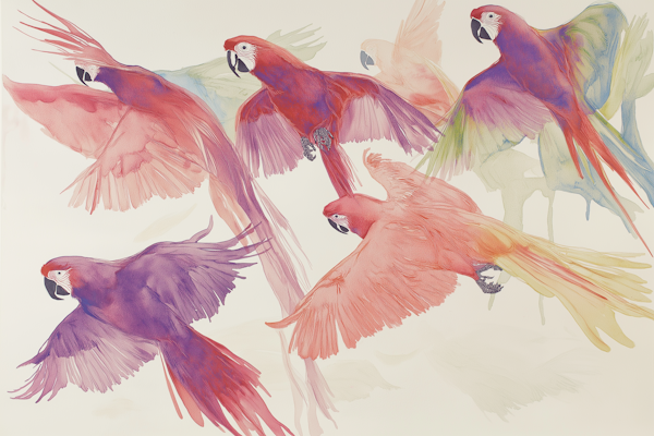 Flight of Red Parrots