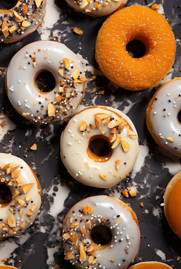 Gourmet Glazed Doughnuts with Sprinkles and Almonds on Marble