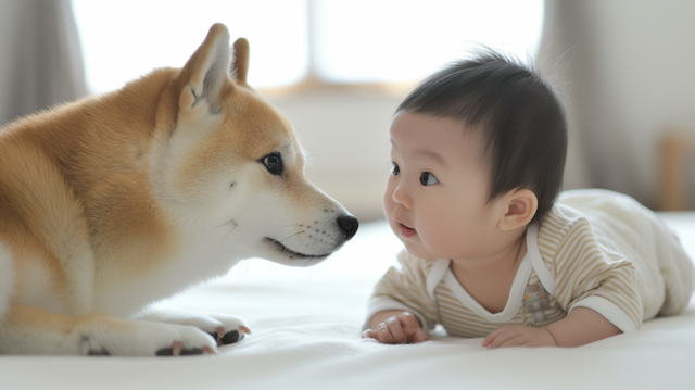 Intimate Moment Between Baby and Shiba Inu