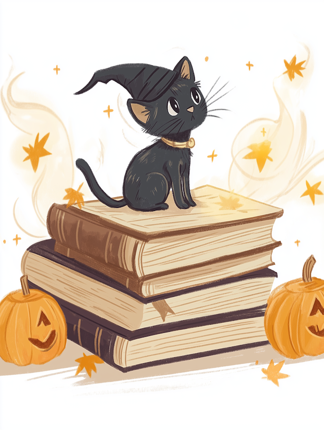 Whimsical Halloween Cat Illustration