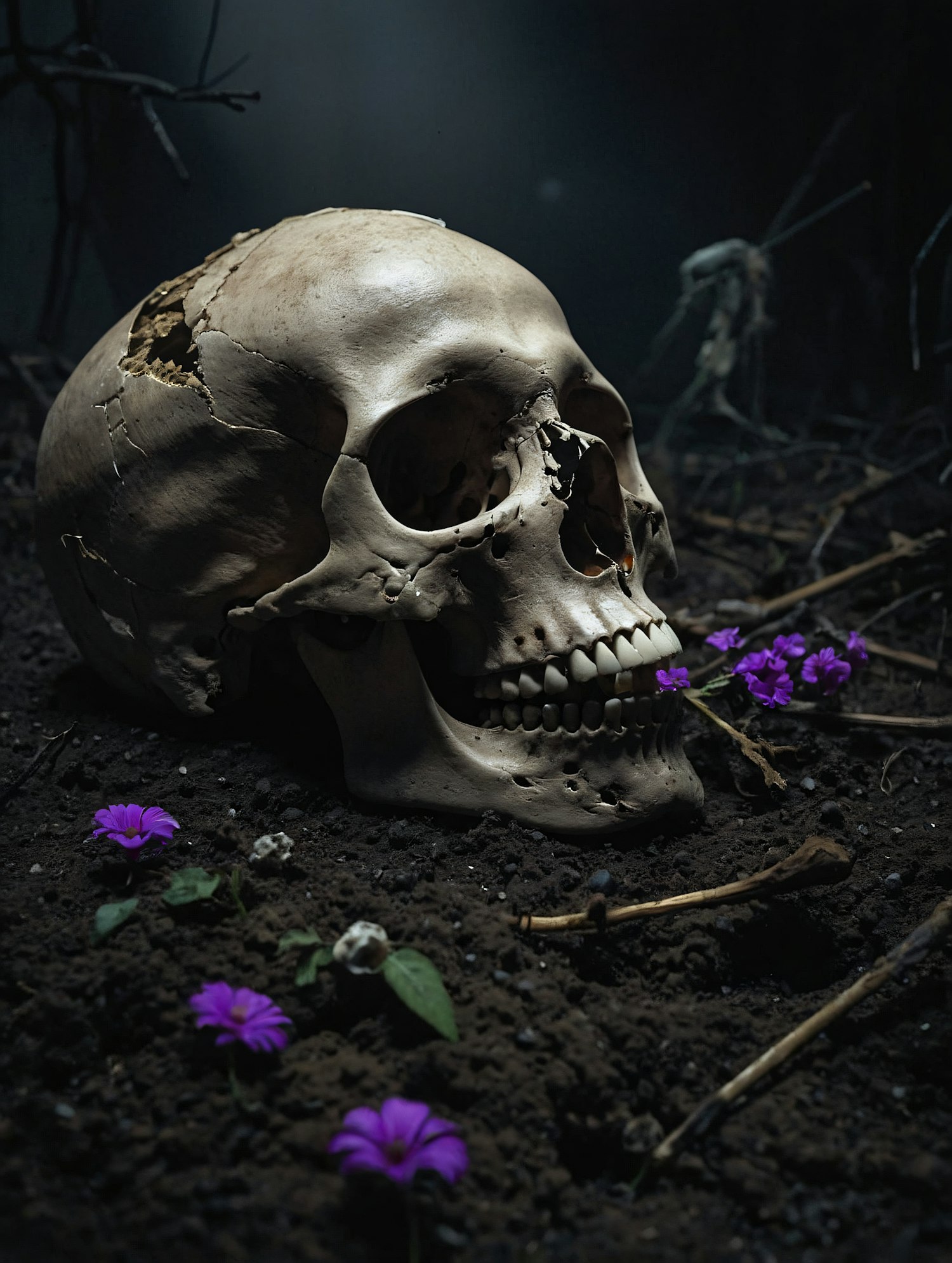 Skull in Soil with Purple Flowers