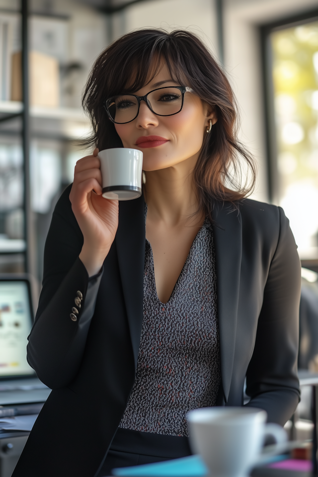 Woman in Office with Coffee