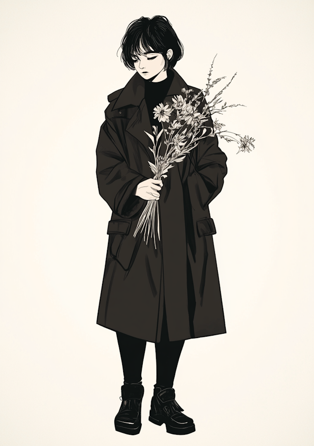 Stylishly Illustrated Solemn Female with Wildflowers