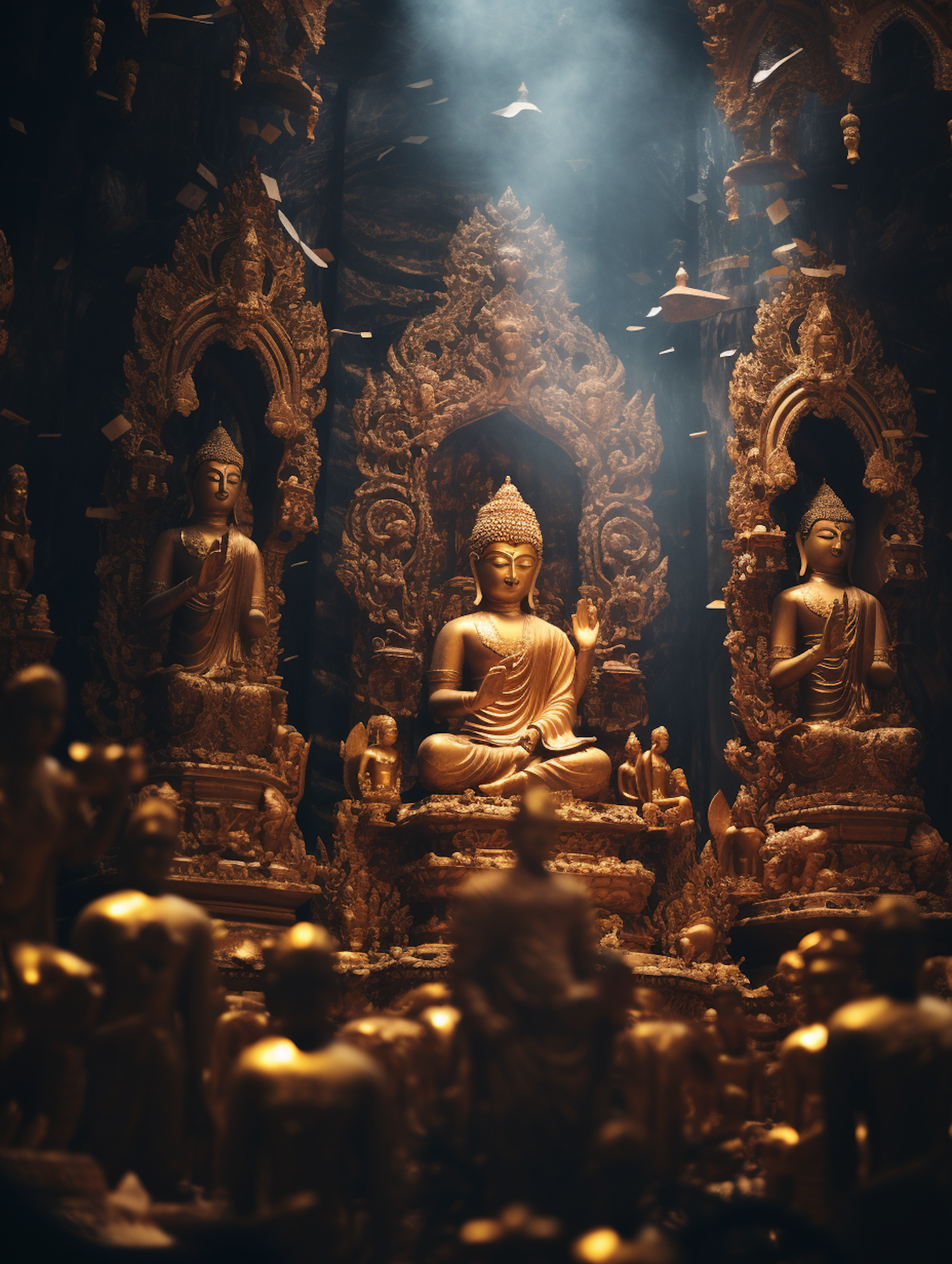 Golden Serenity: Buddha Statues in Meditative Repose