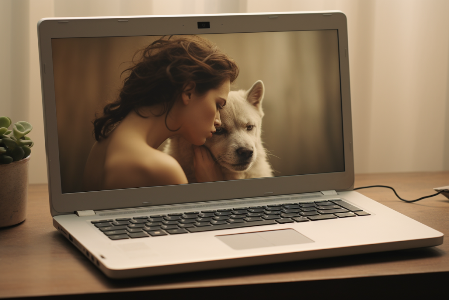 Intimate Moment between Woman and Dog on Laptop Screen