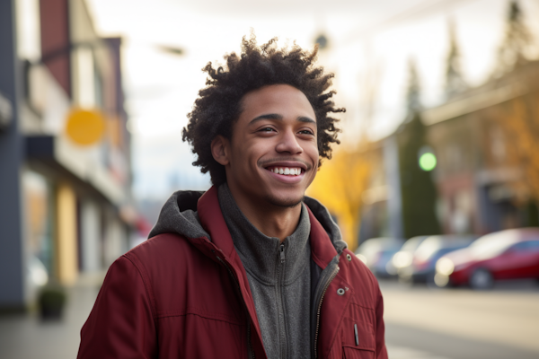 Cheerful Curly-Haired Young Man in Urban Setting