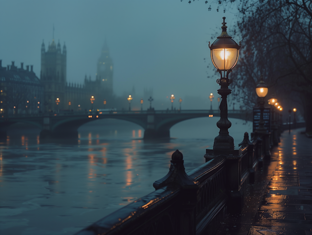 Misty Riverside Promenade at Dusk