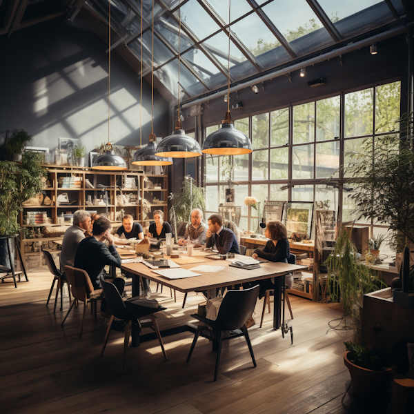 Creative Team Meeting in Sunlit Industrial Loft