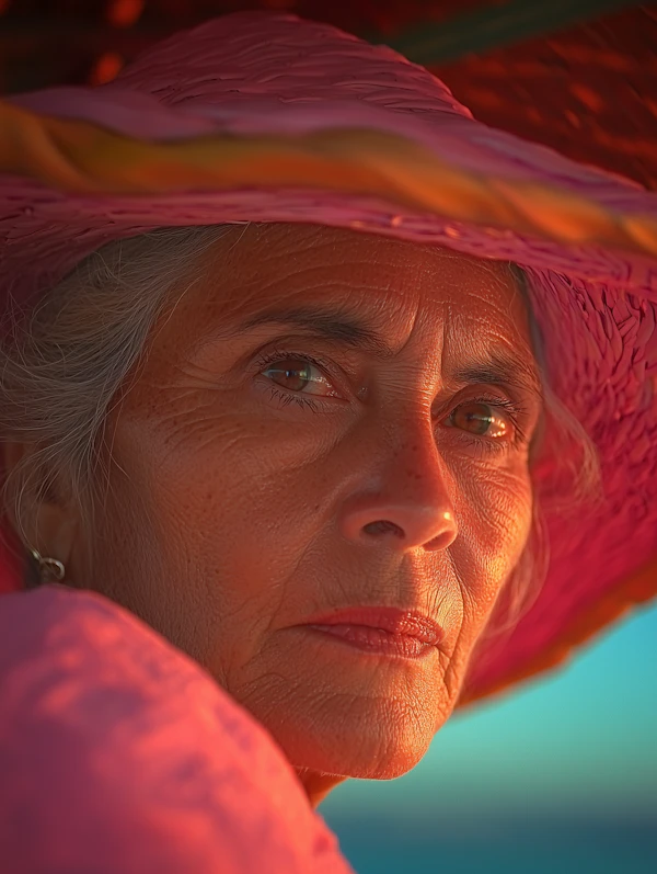 Contemplative Woman in Pink Hat