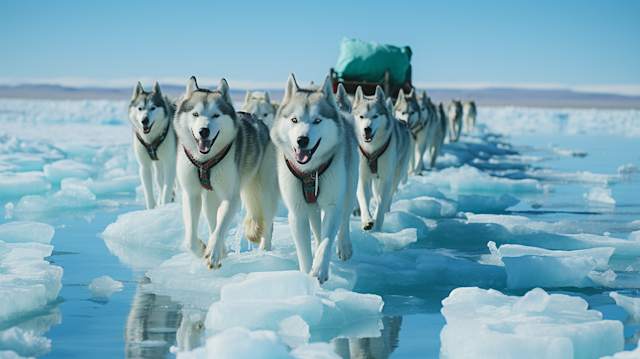 Siberian Huskies in Fan Hitch on Icy Terrain