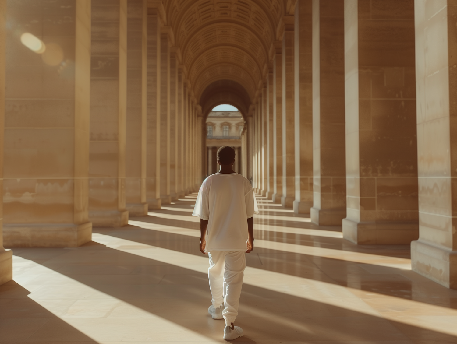 Solitary Figure in Classical Hallway