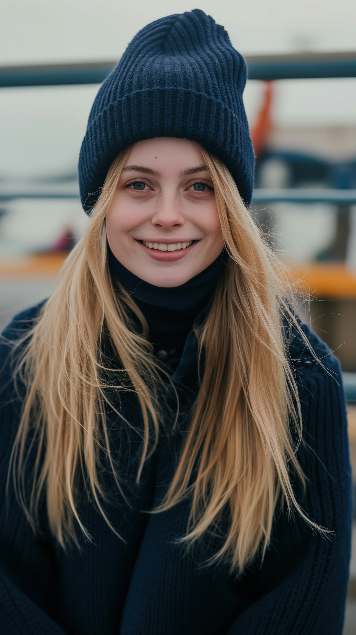 Cheerful Woman in Blue Beanie