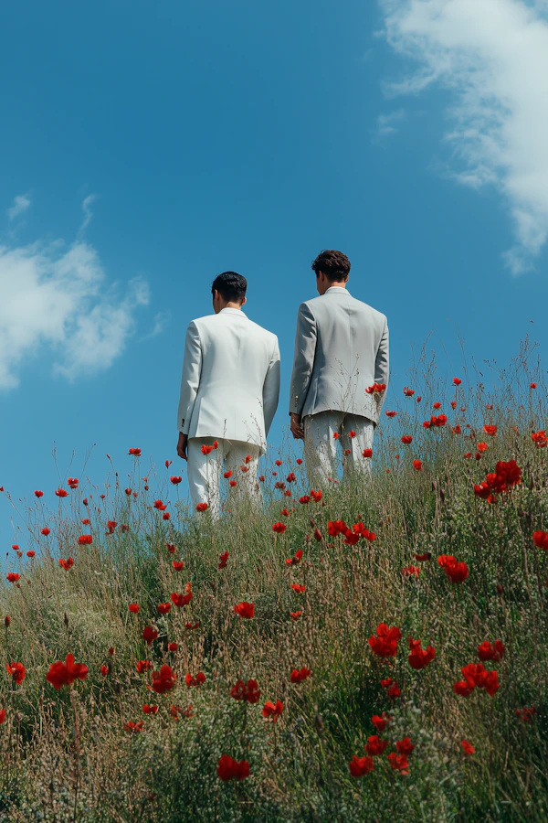 Men on a Hill with Red Flowers