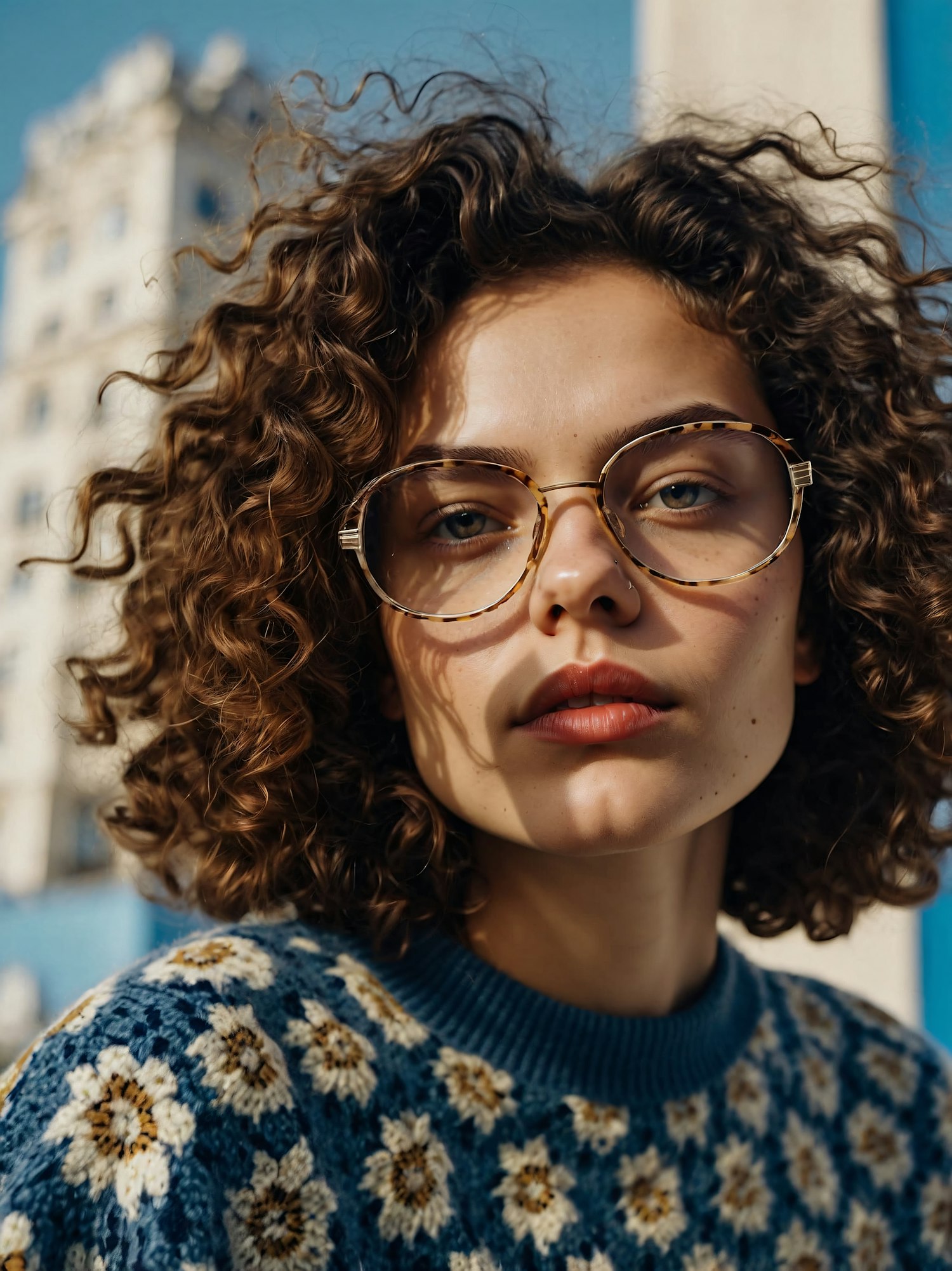 Portrait of a Person with Curly Hair and Glasses