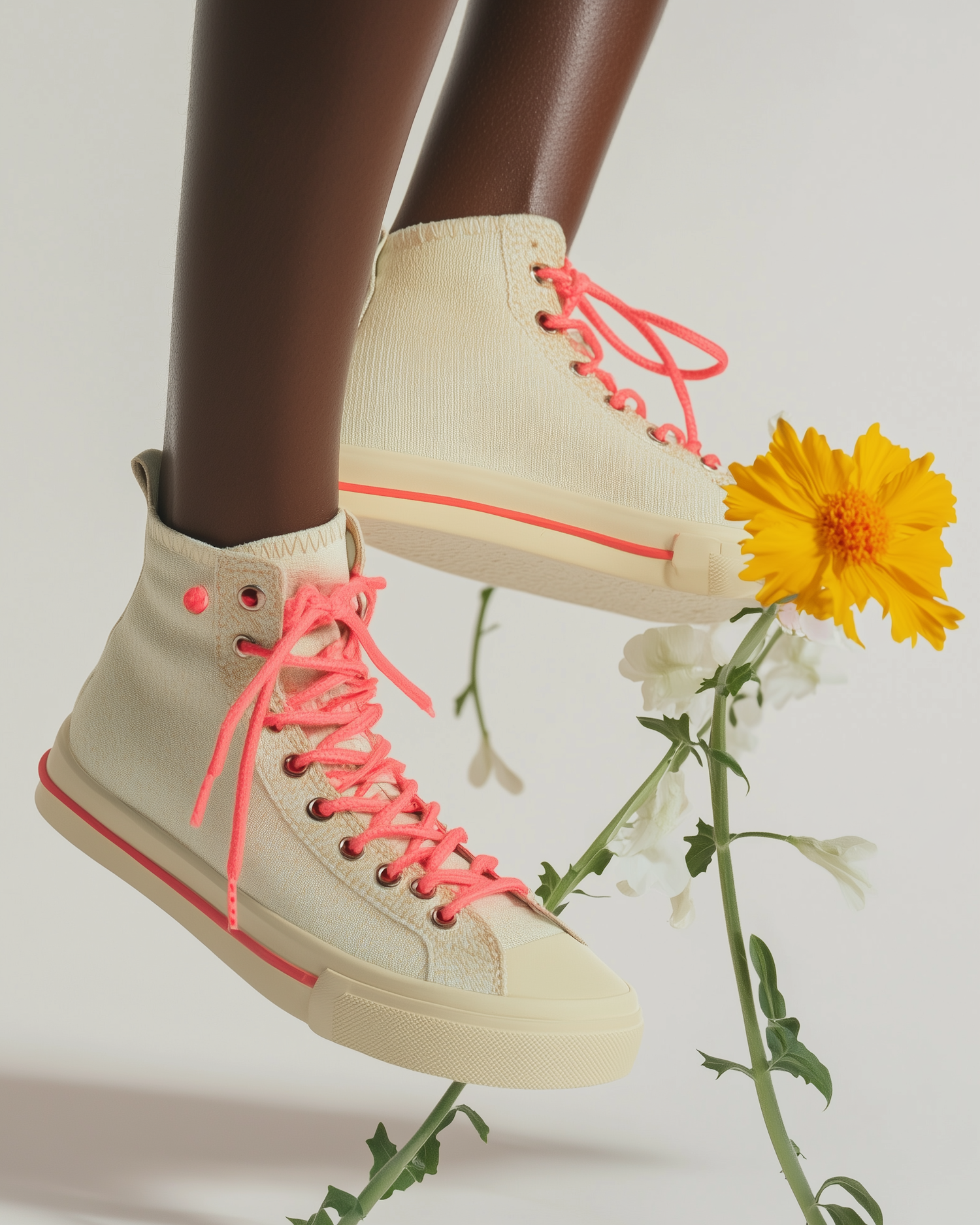 Beige High-Top Sneakers with Pink Laces and Yellow Flower