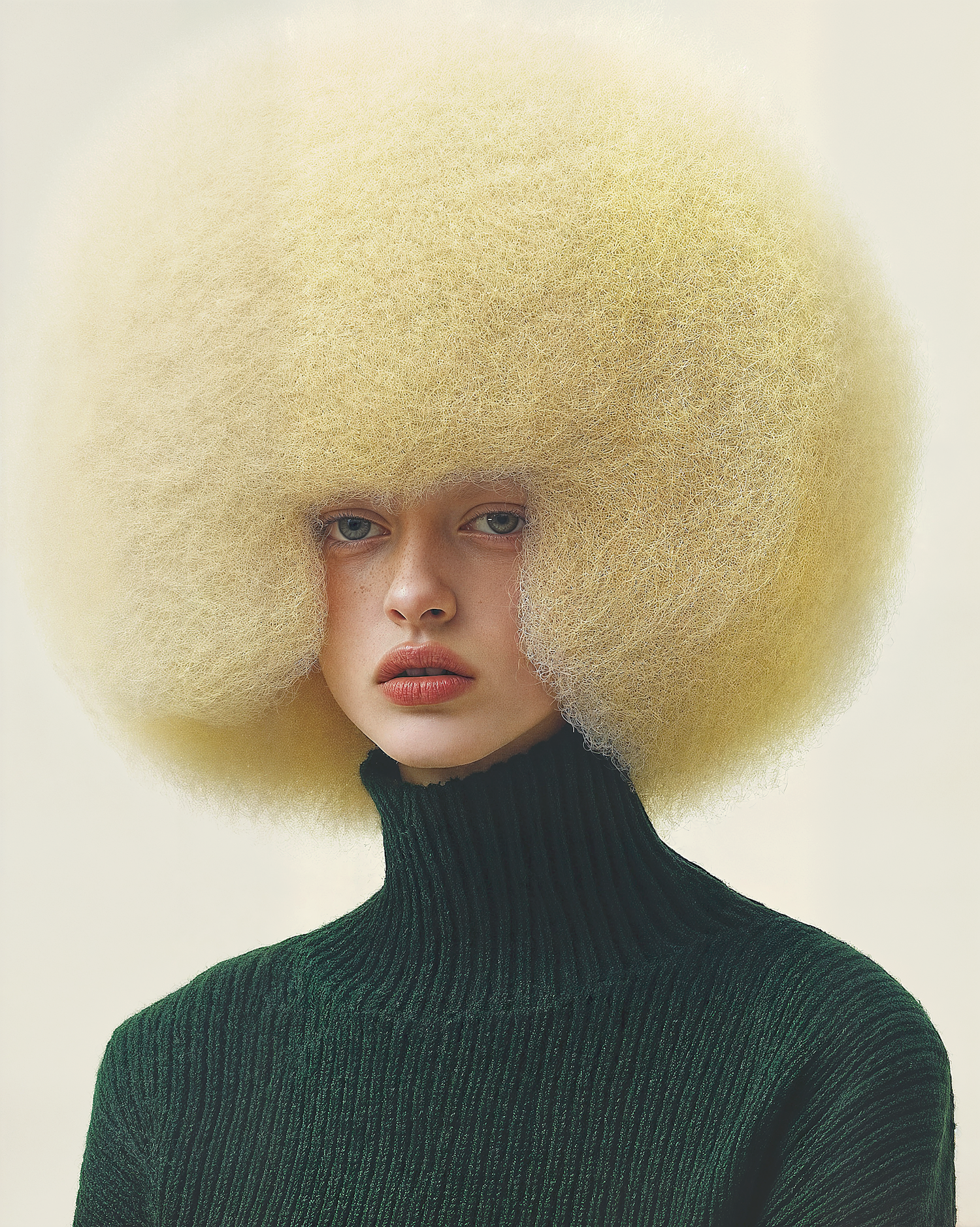 Striking Blonde Afro with Green Turtleneck