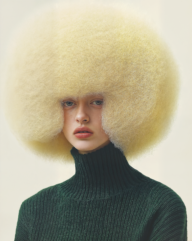 Striking Blonde Afro with Green Turtleneck