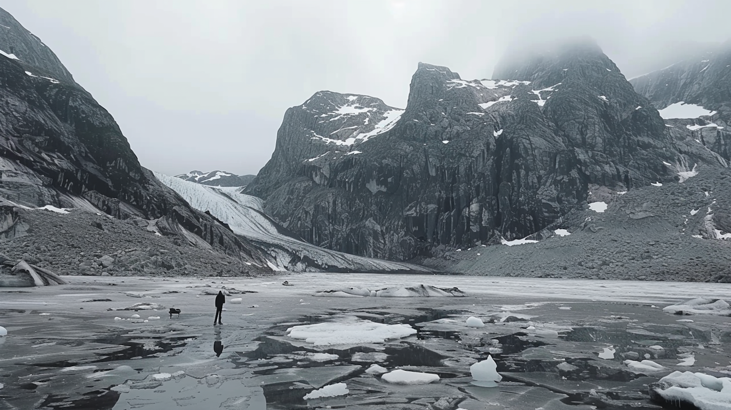 Icy Mountain Landscape with Person and Dog