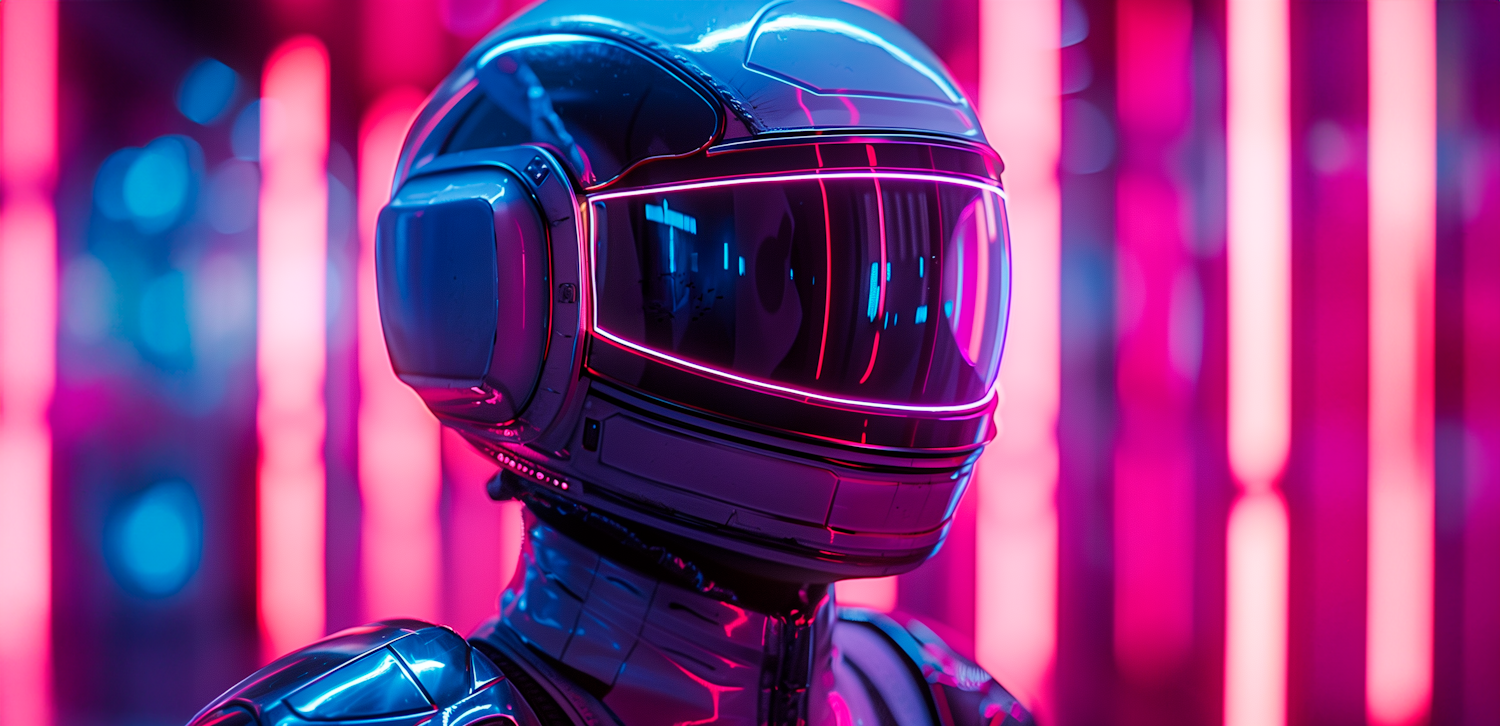 Futuristic Helmeted Figure Amidst Neon Lights