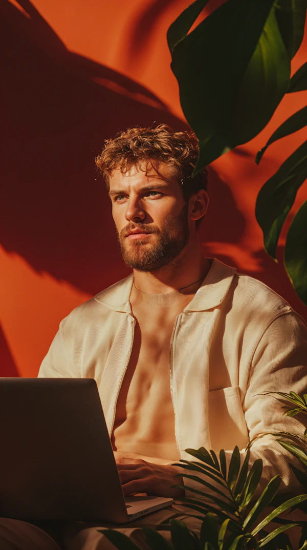 Man with Laptop in Tropical Setting