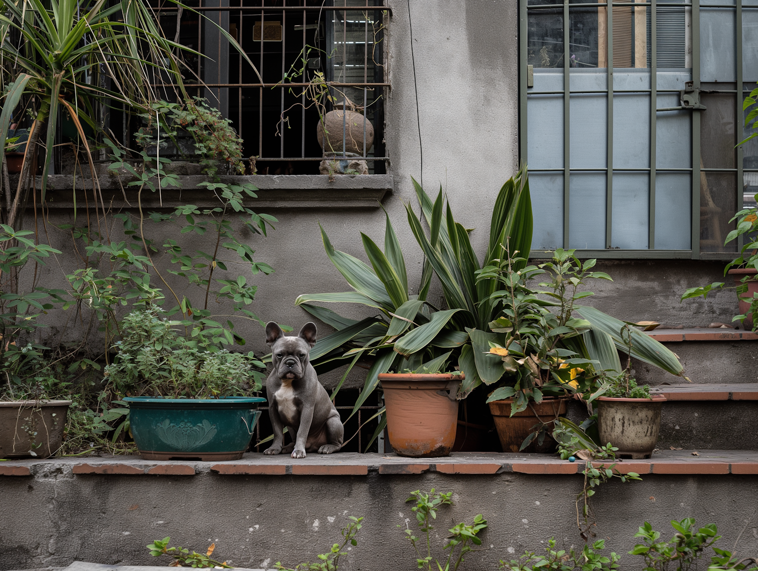 French Bulldog with Potted Plants