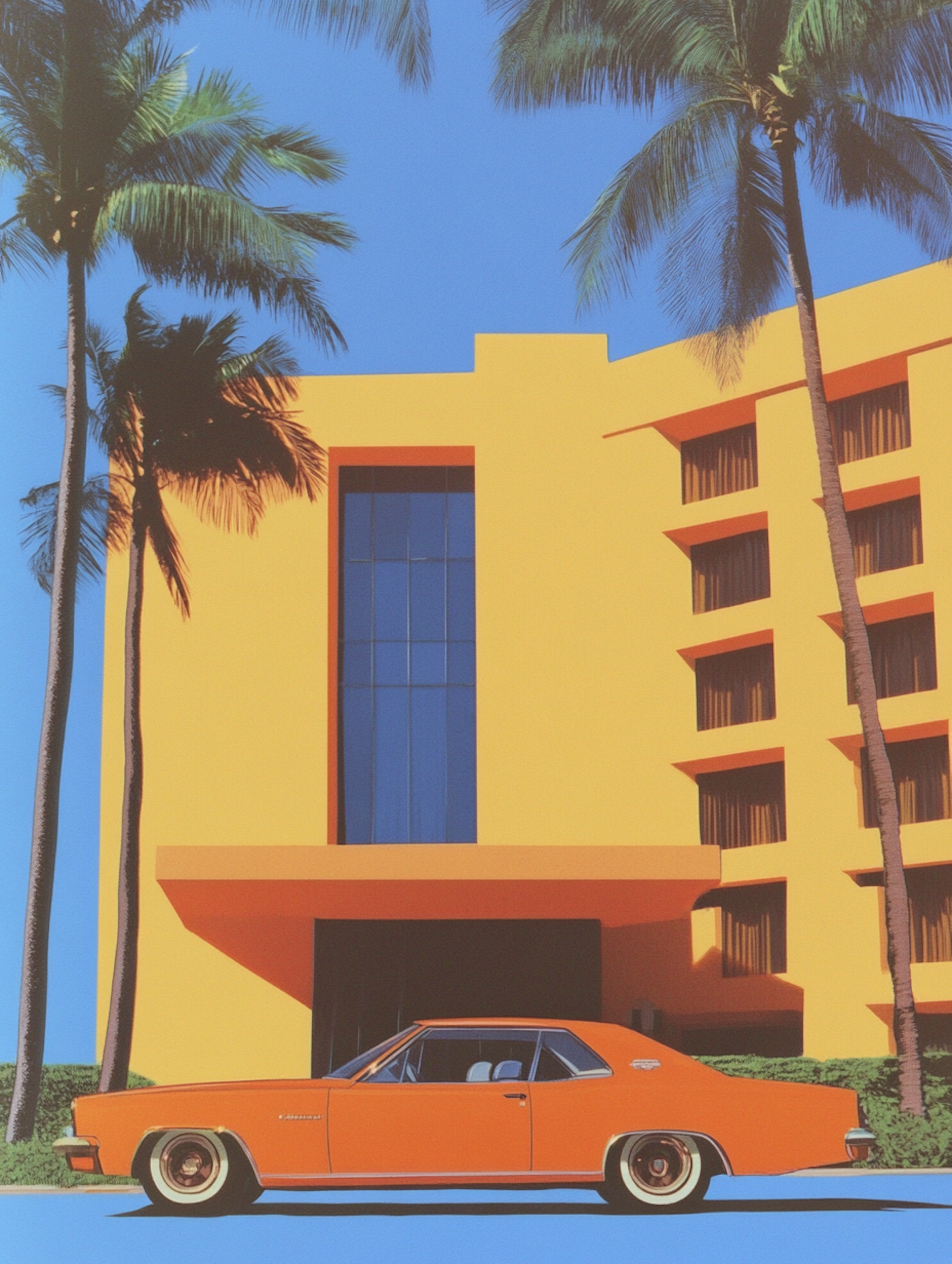 Vibrant Orange Car and Yellow Building