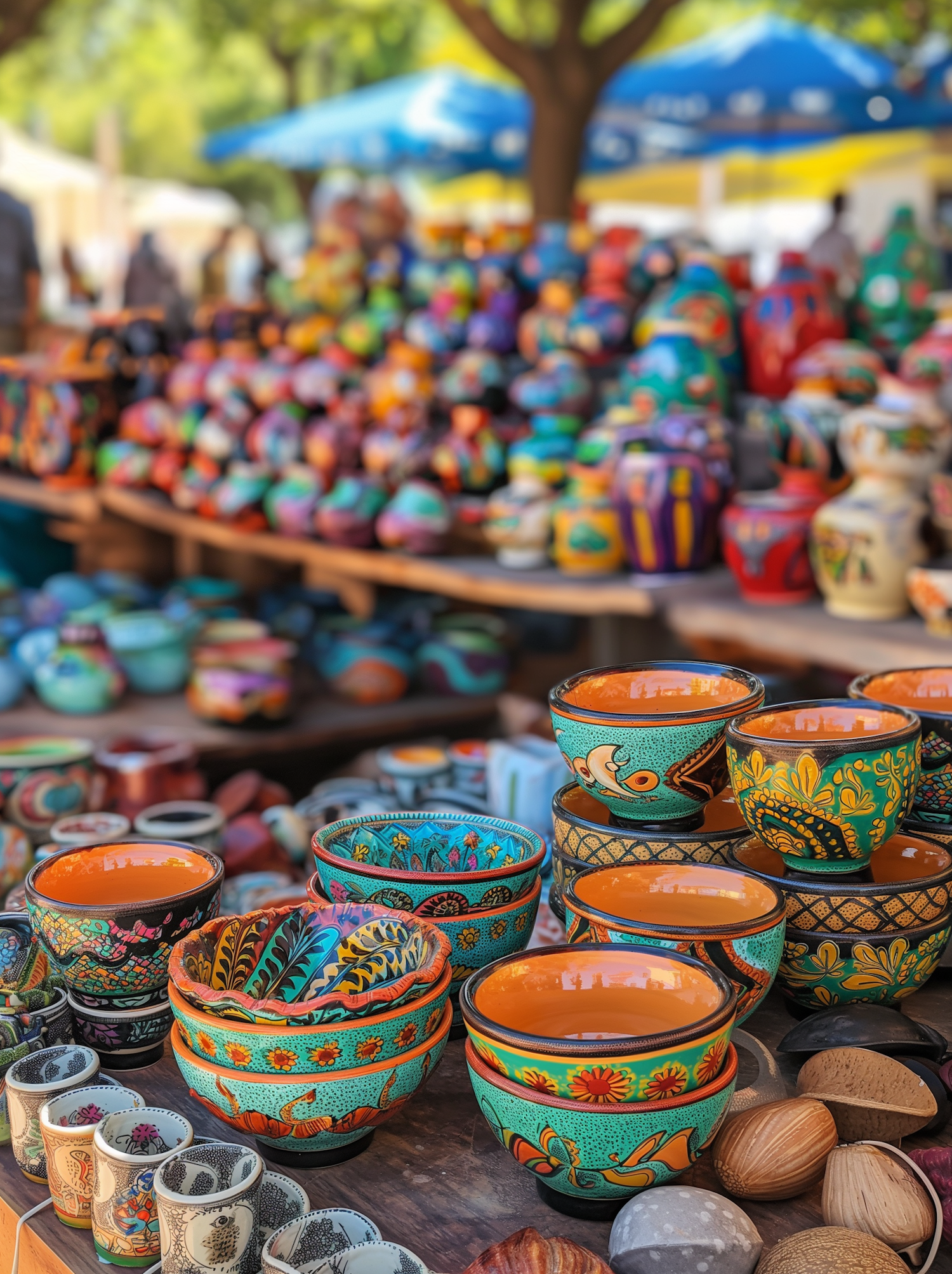 Traditional Pottery Display at Outdoor Market