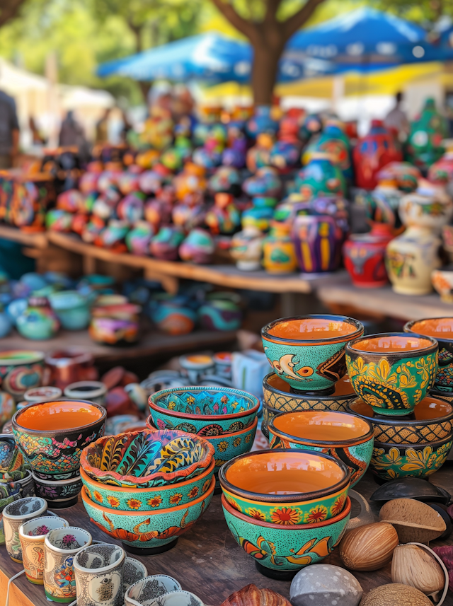 Traditional Pottery Display at Outdoor Market