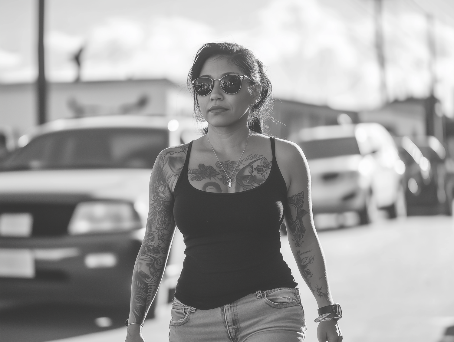 Woman Walking Down Street in Black and White