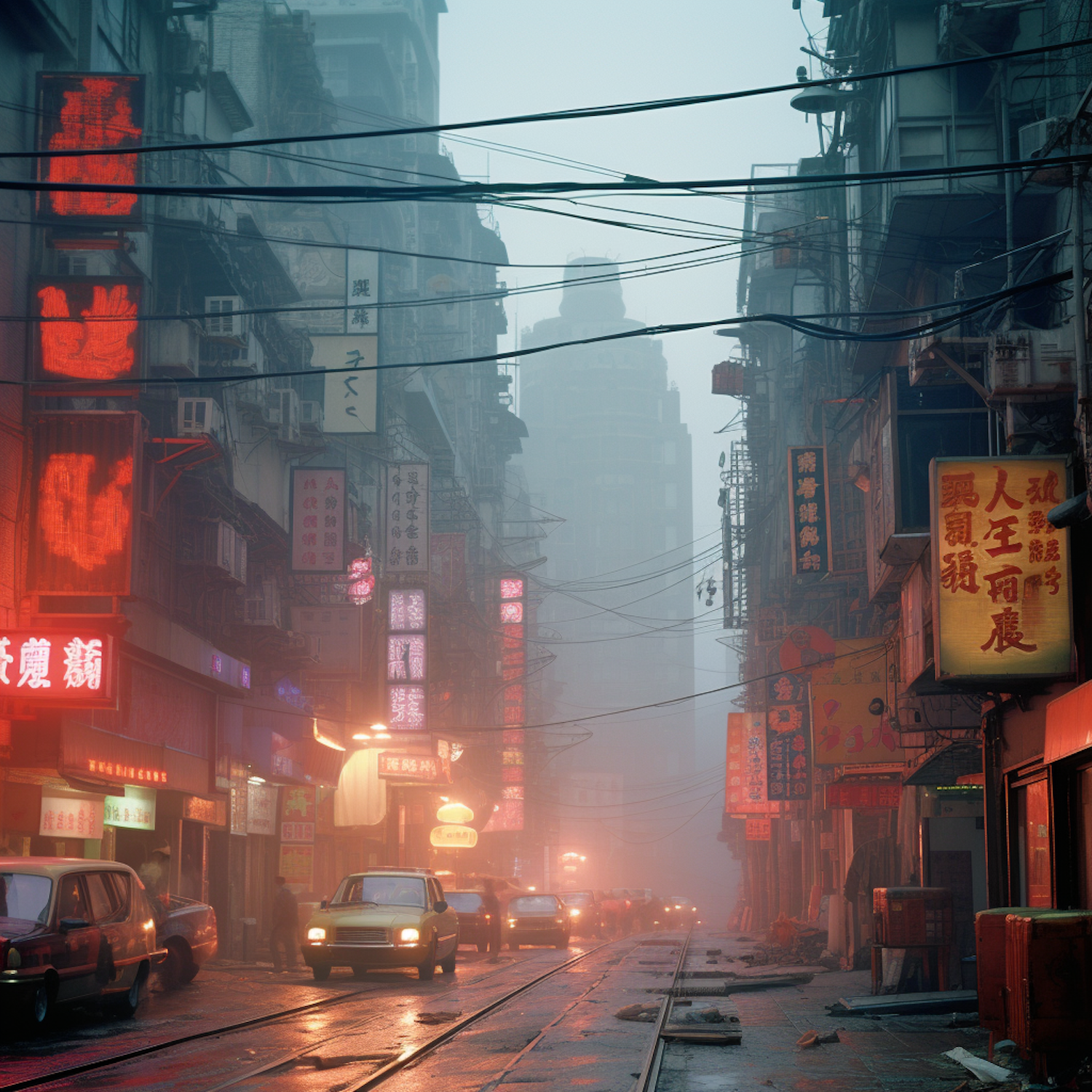 Misty Neon-lit Asian Street Scene