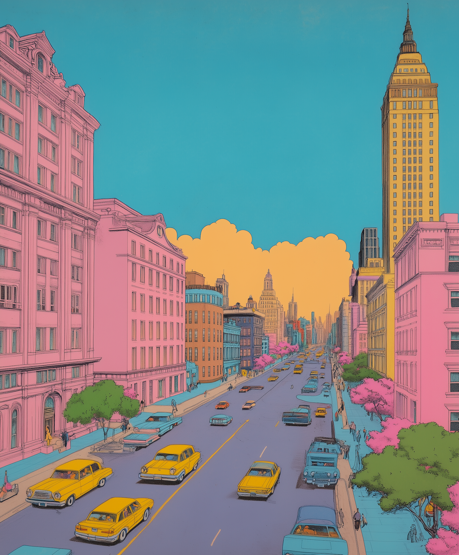 Vibrant Cityscape with Pastel and Bright Colors