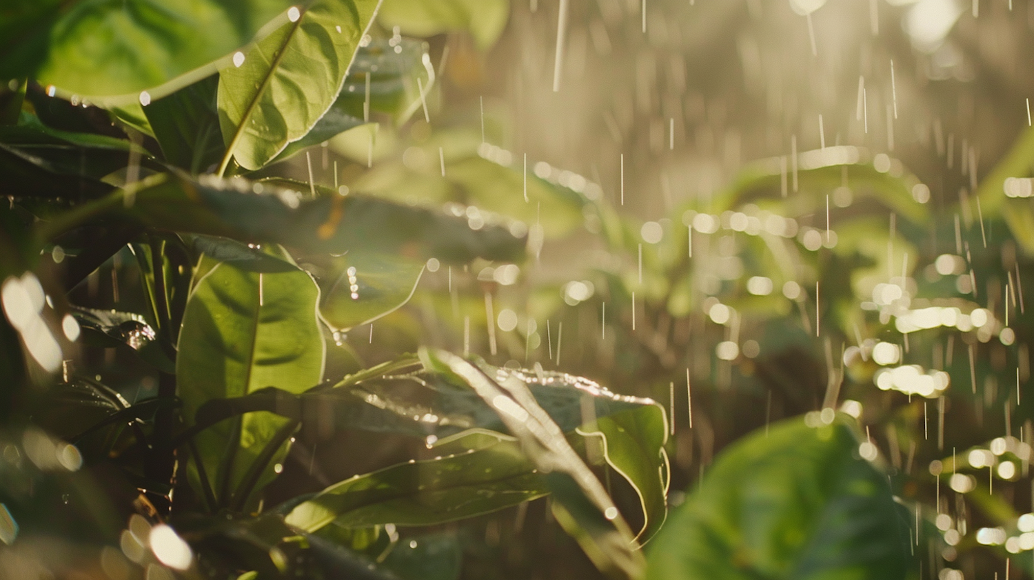 Serene Rain on Lush Leaves