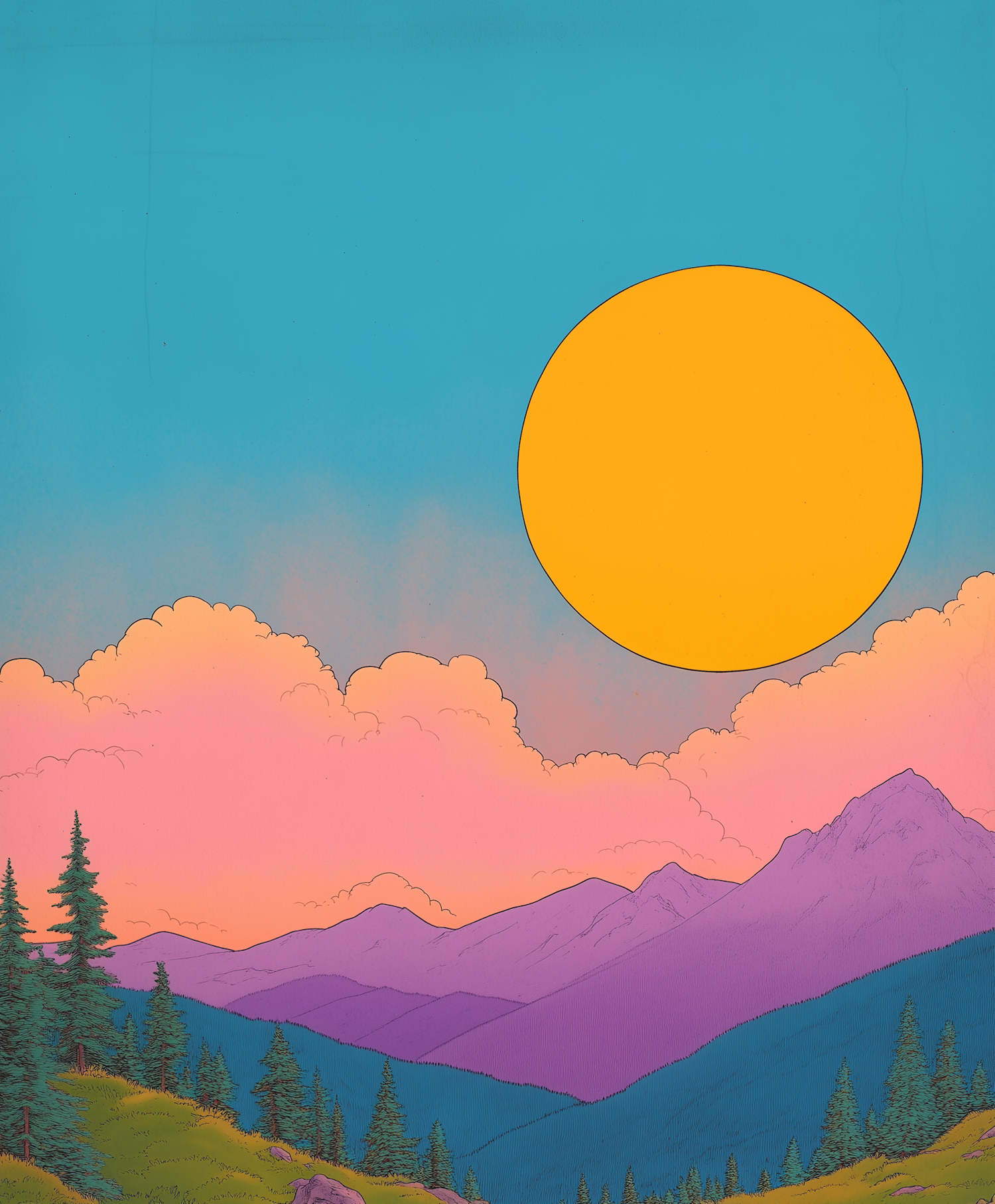 Surreal Landscape with Sun and Mountains