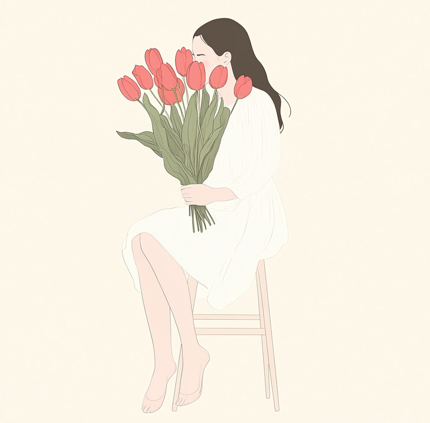 Serene Woman with Red Tulips