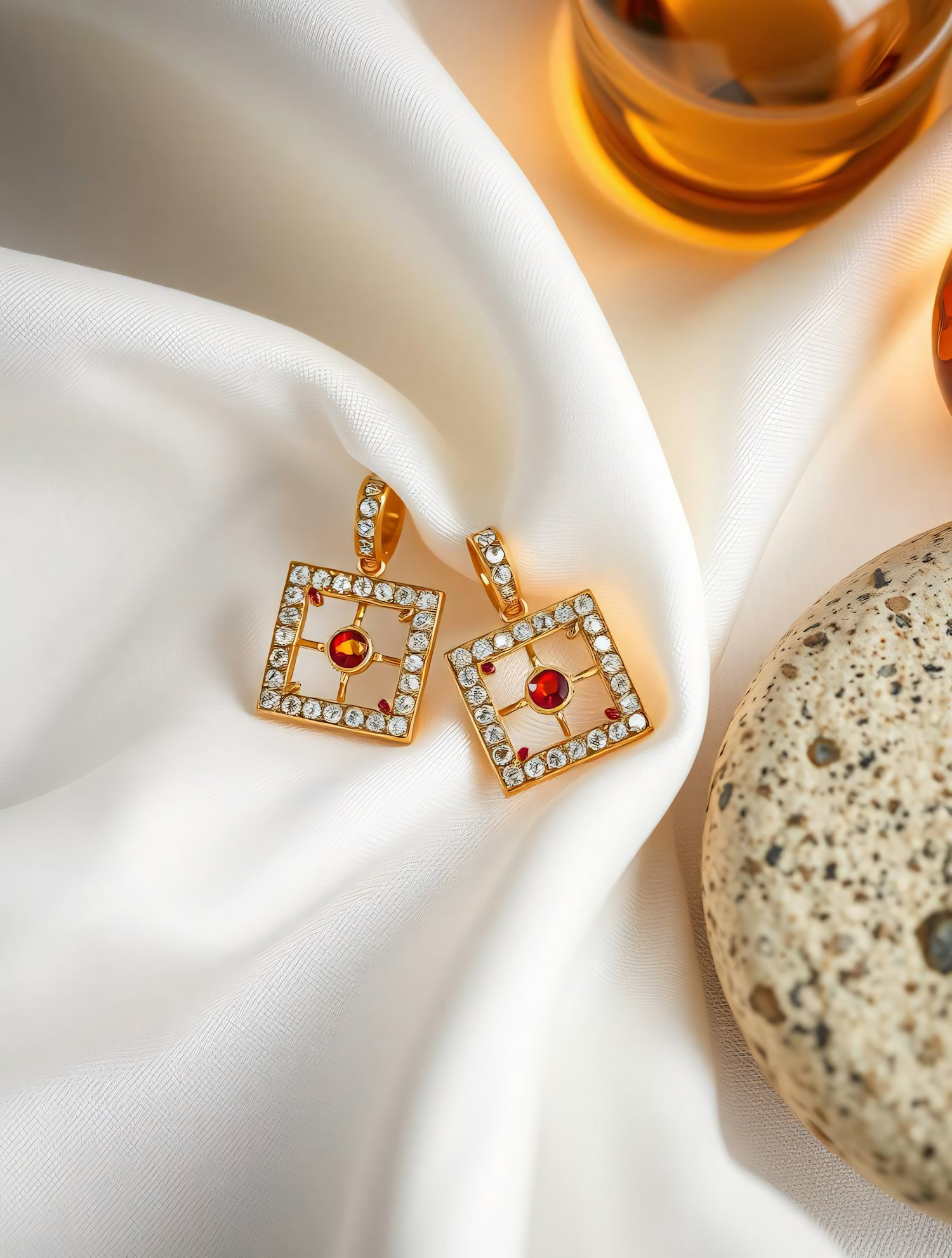 Elegant Square-Shaped Earrings on White Fabric