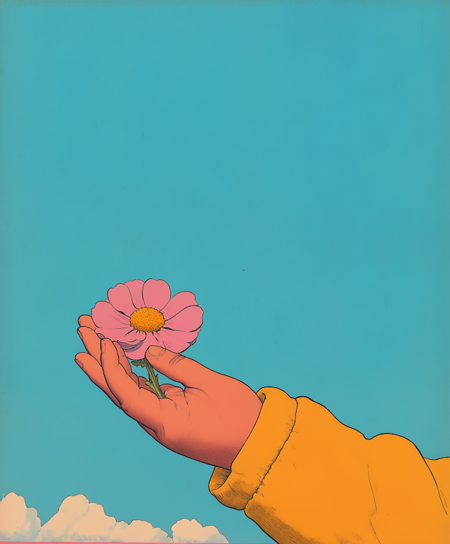 Hand Holding Pink Flower Against Blue Sky