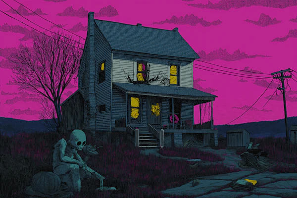 Eerie House with Skeletal Figure