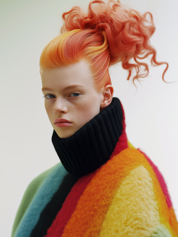 Vibrant Orange Hair and Rainbow Coat