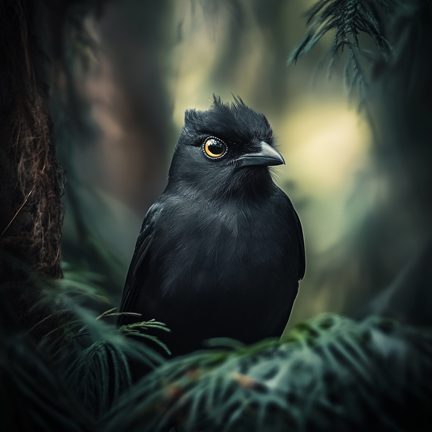 Glossy Black Bird in Lush Foliage