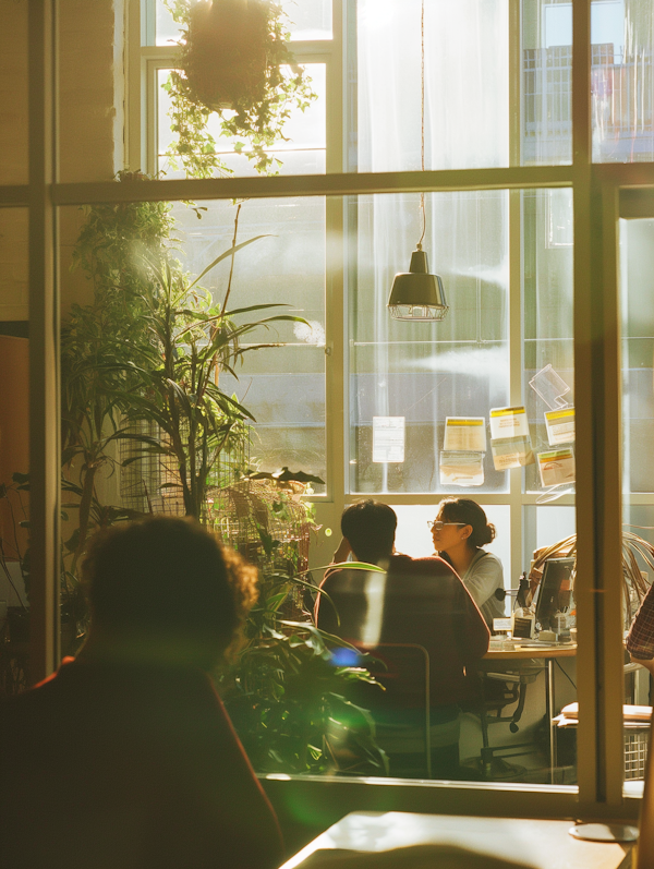 Serene Café Interiors with Plant Foliage and People