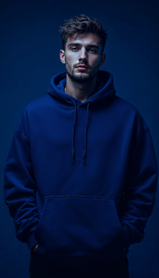 Contemplative Man in Blue Hoodie