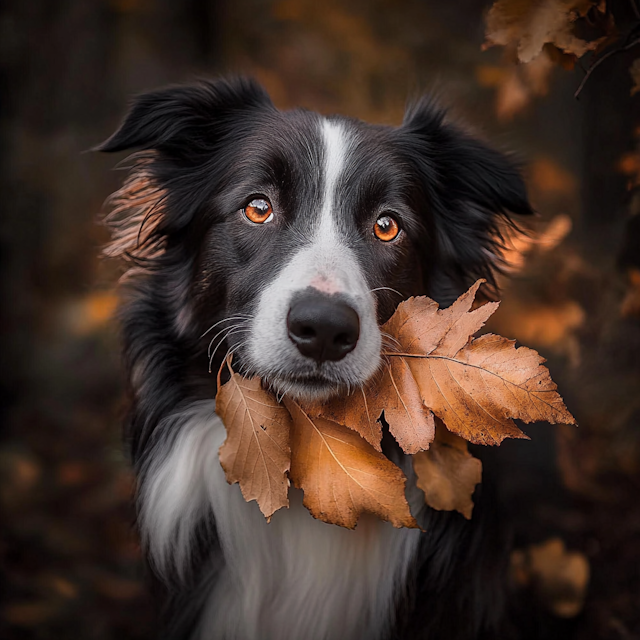 Border Collie with Autumn Leaf