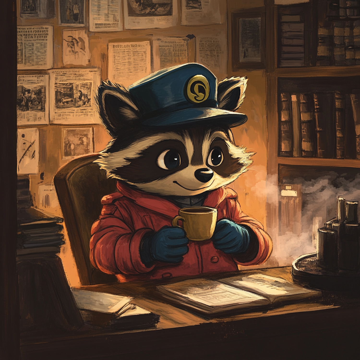 Anthropomorphic Raccoon in Cozy Study