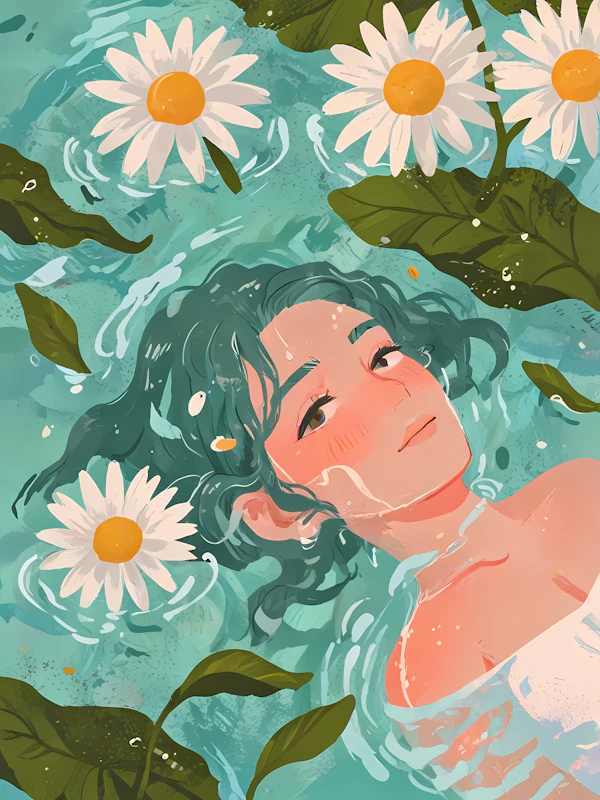 Serene Water Scene with Teal-Haired Person