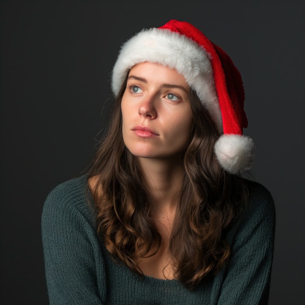 Contemplative Woman in Santa Hat