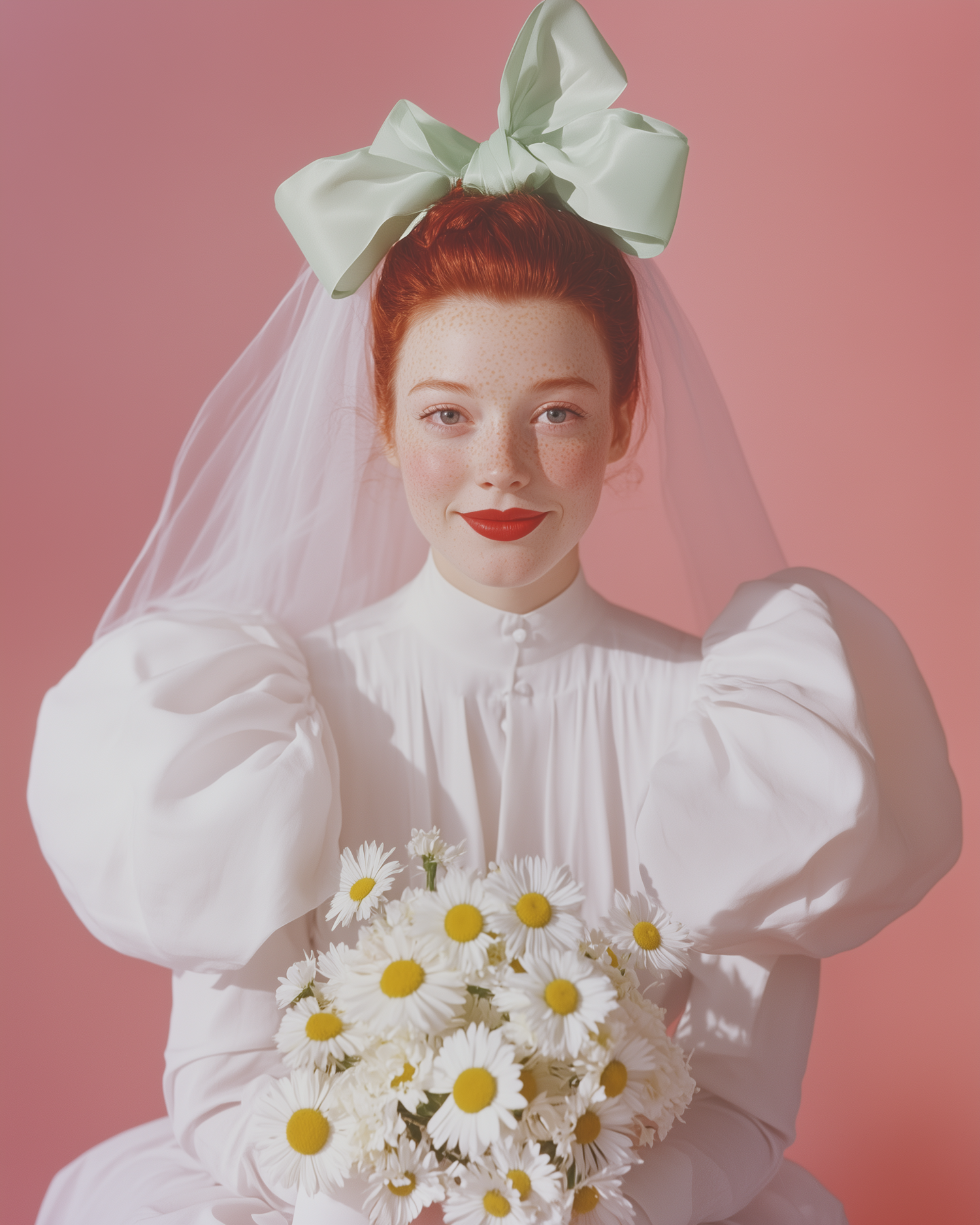 Young Woman with Red Hair and Mint-Green Bow