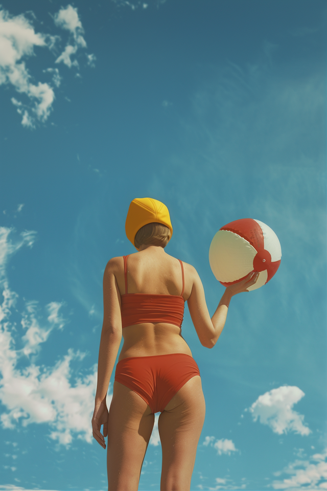 Woman with Beach Ball Under Blue Sky